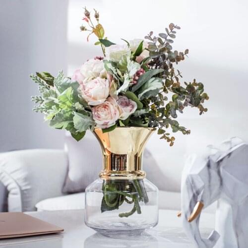 European Hydroponic Vase Decoration Living Room Flower Arrangement Glass Transparent Fresh Golden Open Vase