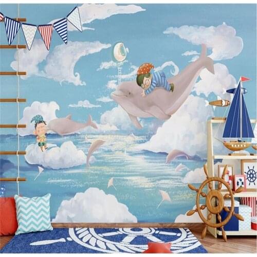 Customized nordic hand-painted cartoon marine dolphin childrens room background wall-high-grade waterproof material