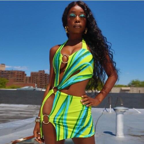 Summer Halter Bodycon Mini Dress Women Vacation Outfits Sexy Cut Out Party Backless Hollow Out Dresses Holiday Tight Vestidos