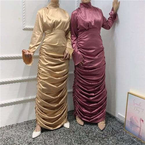 Dubai Fashion Muslim Satin Long Dress Arab Abaya Solid Color Draped Design Women Bodycon Long Sleeve Maxi Robe Gown Ramadan New
