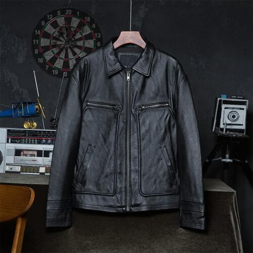 Vintage Leather Jacket Men Natural Cow Leather Coat Male Clothing Winter Autumn Sleeve 62-68cm Asian Size Wholesale Dropshipping