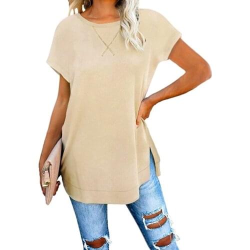 New womens T-shirt Spring And Autumn Irregular Loose Casual Shirt O-collar Solid Color short-sleeved T-shirt