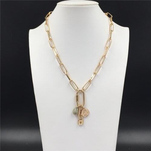 Lovely Gold Color Plating Lock Engraved Coin Natural Shell Charm Hanging ON Clip Necklace For Women Girl Trendy Chic Jewelry