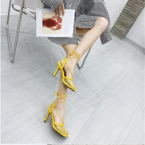 Lace Up High Heels Women Sandals Cross-tied Ankle Strap Air Mesh Solid Ladies Shoes Square Toe Hollow Out Breathable Slippers