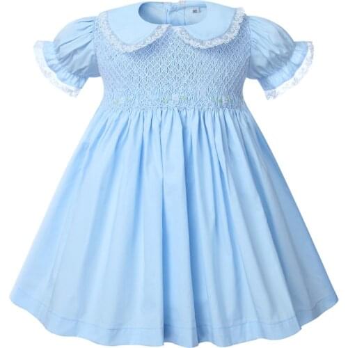 Girls Hand Made Smocked Blue Cotton Dress Children Smocking Clothes Baby Embroidery Peter Pan Collar Frock
