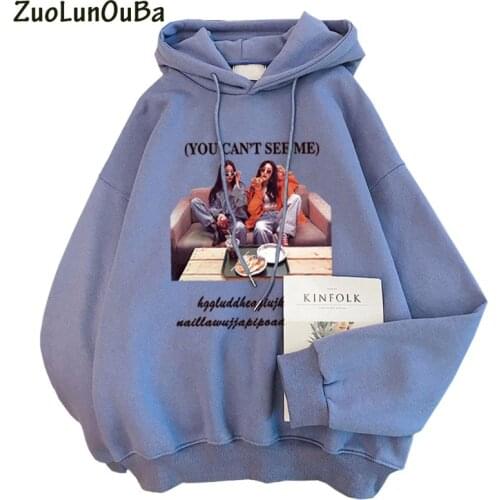 ZuoLunOuBa Plus Velvet Winter Women Hoody Print Character Pattern Casual Sweatshirt Letter Blue Female New Pullover 2020
