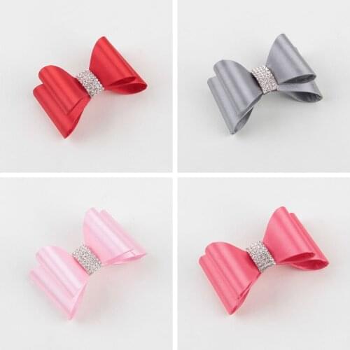 Yundfly 30pcs 3.2" Shiny Luxe Flower Bows With Rhinestone Button Handmade Hard Satin Bow For Kids Girls Hair Accessories