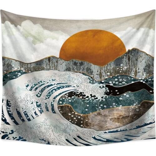 Sunset Mountain Wall Hanging Tapestry Psychedelic Scenic Tapestry Japan Kanagawa Waves Home Wall Decor Girls Bedroom Drom Room