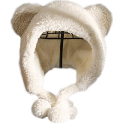 Women Winter Thicken Plush Earflap Hat Cute Cartoon Bear Ears Pompom Chin Strap Outdoor Windproof Thermal Beanies Trapper 094B