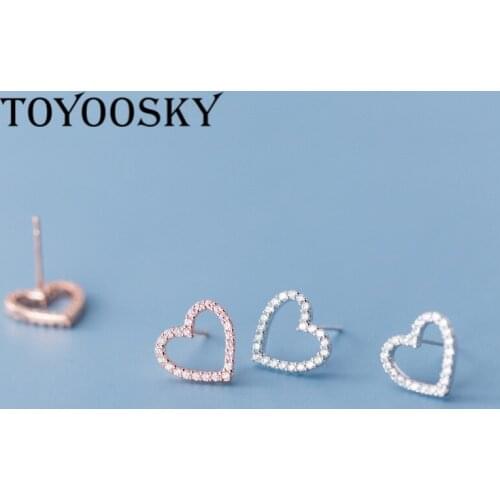 100% 925 Solid Real Sterling Silver Hollow Heart With CZ Stud Earring For Women Lady Silver 925 Jewelry
