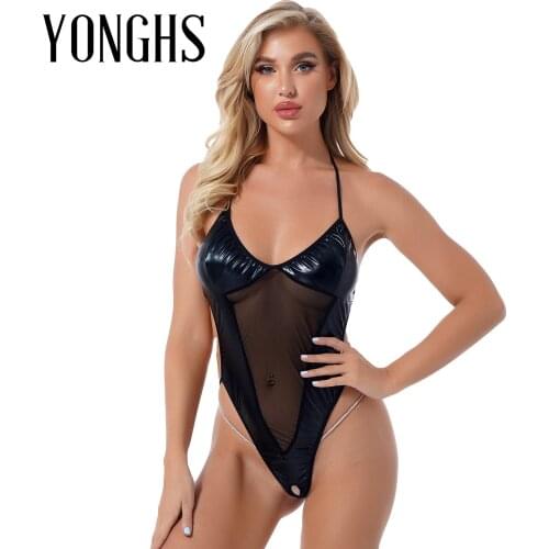 Womens Lingerie Babydoll Nightwear Wetlook Faux Leather Clubwear High Cut Lace-up See-through Mesh Patchwork Crotchless Bodysuit