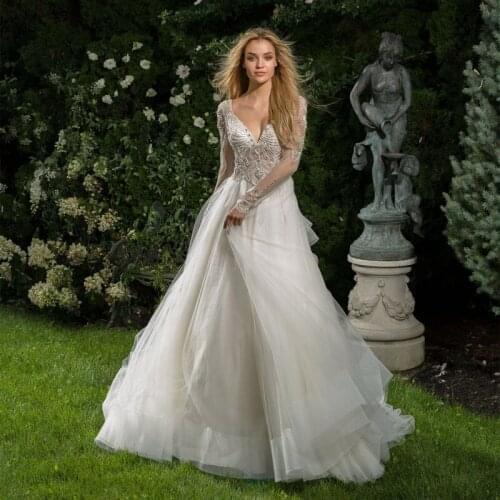 Thinyfull Elegant V Neck Wedding Dresses A Line Long Sleeve Bride Dresses Tulle Zipper Beading Lace Appliques Vestidos de novia