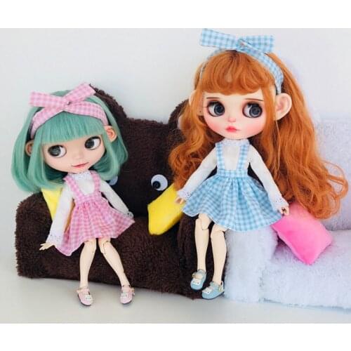 1 Set Cute Grid Strap Dress with shirts Clothes for Blyth 1/6 Doll Accessories