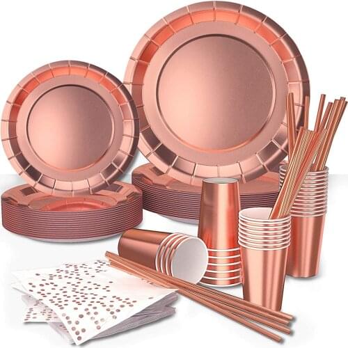 250Pcs Disposable Party Tableware Set Rose Gold Aluminum Foil Paper Plate Cup Napkin Straw Wedding Party Decoration Supplies