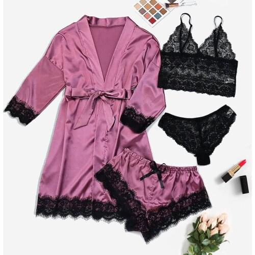 4PCS/Sets Sexy Women Satin Sleepwear Lace Nightgown Crop Tops Briefs Shorts Lingerie Porno Babydoll Nightdress Tracksuit 3XL