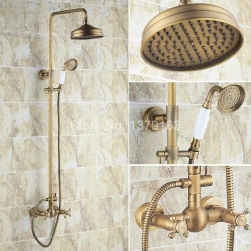 Antique Brass Dual Cross Handles Rain Bathroom Shower Faucet Set + Hand Shower ars107