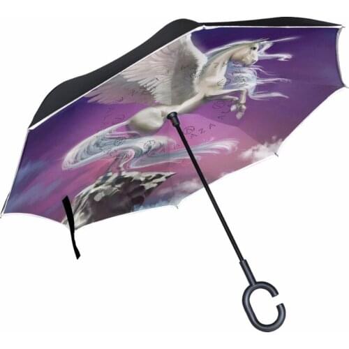 C-Hook Self Stand Unicorn Folding Reverse Umbrella Double Layer Inverted Windproof Rain Car Umbrellas For Women