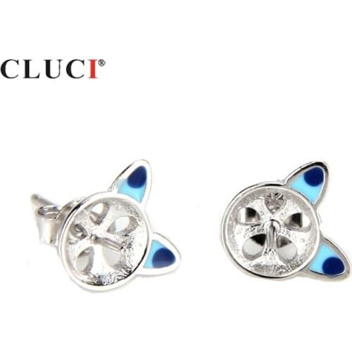 CLUCI 925 Sterling Silver Lovely Blue Cat Ears Stud Earrings Pearl Mounting For Women Earrings Jewelry Making SE045SB