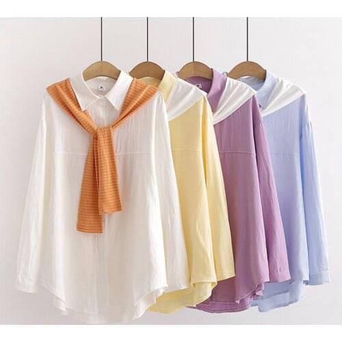 Korean Style Women Autumn Loose Long Shawl Lapel Pure Color Long Sleeve Shirt Womens Tops And Blouses Topy Female Tops U251
