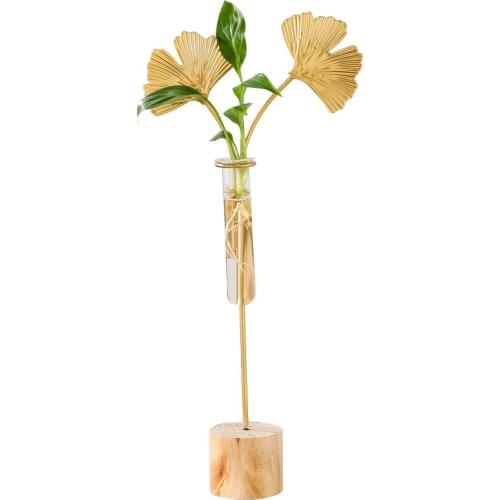 Creative Metal Iron Glass Gold Vase Ornaments Glass Test Tube Vases Hydroponics Flower Arrangement Wooden Base Modern Home Decor