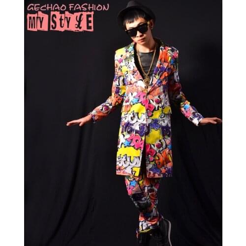 NightClub Male Singer DS DJ graffiti long Jacket costumes Show stage hip hop jazz dance stage wear