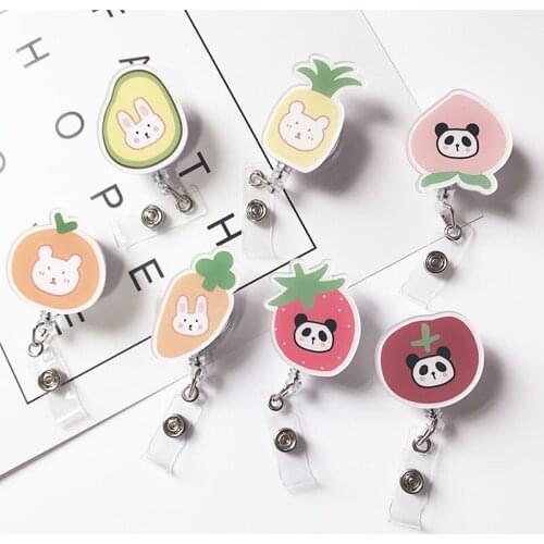 Newest Cute Fruit Panda Acrylic Retractable Badge Reel Nurse Doctor Student Exhibition ID Card Clips Badge Holder Stationery