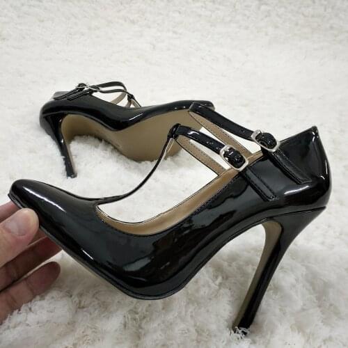 Sexy Black Patent Pumps High Heel Dress Party Women Pumps Spring Summer New Pointed Toe Buckle T-Strap Stiletto 12cm Heels