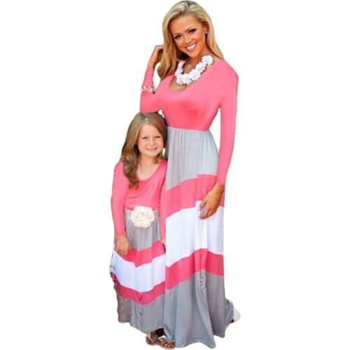 Maxi Dress Mother and Daughter Matching Clothing Striped Little Kids Clothes Patchwork Family Look Long Sleeve Dresses for Girls