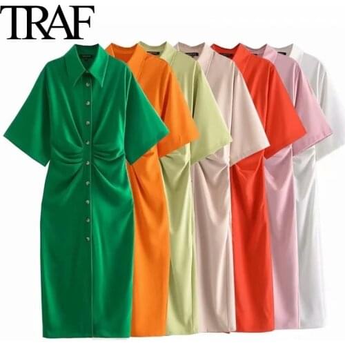 Traf Women Clothing Summer 2021 Button-up Dresses Long Elegant Vintage Midi Dress Chic White Pleated Short Sleeve Shirt Dress