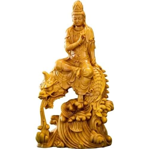 Boxwood 15cm Guan Yin Sculpture Wood Buddha Statue Dragon Guanyin Bodhisattva Prayer Feng Shui Home Decor