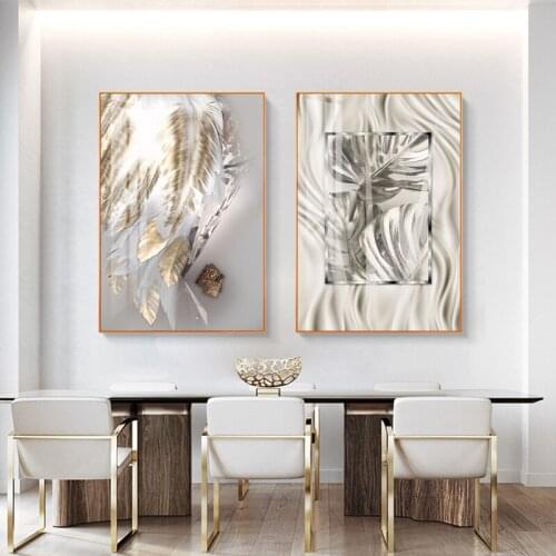 Modern Abstract Geometric Art Golden Feather Poster Palm Leaf Print Canvas Painting Aisle Living Room Home Wall Decor Picture