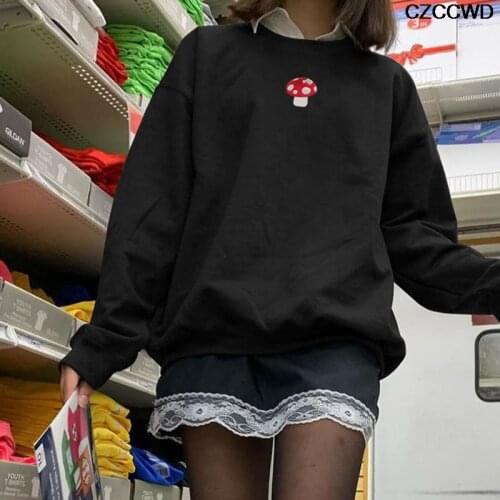 90s Brown Fashion Sweatshirts Streetwear Embroidery Mushroom Print Indie Long Sleeve Graphic Aesthetic Crewneck Hoodies Clothes