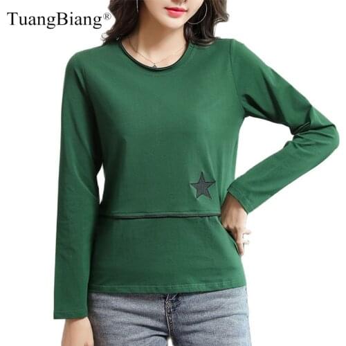 2021 Autumn Patchwork Long Sleeve Embroidery Star T-Shirt O-Neck Cotton Women Elegant Winter Tshirts Lady Slim Soft Fashion Tops