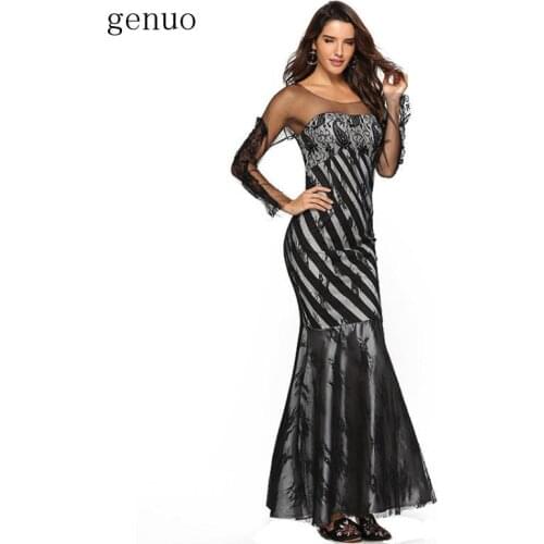 Vintage Sheer Long Sleeves Fomal Dresses Lace Gauze Refflue Party Dress Black Dress Vestido De Noche