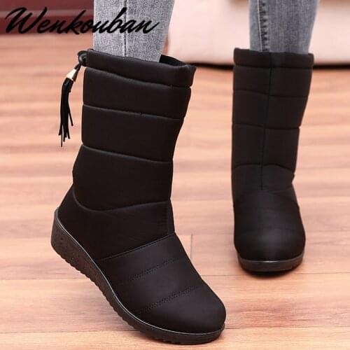 Waterproof Snow Boots Women Winter Boots Ladies Warm Wedge Boots Plush Platform Shoes Women Mid-Calf Black Boots Bottes Femme