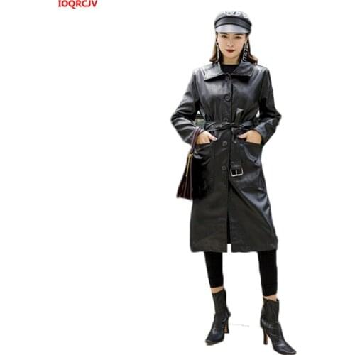 Women Faux Leather Jacket 2019 Autumn Winter Plus Size Ladies Washed PU Leather Trench Coats With Belt Female Long Overcoat 1677