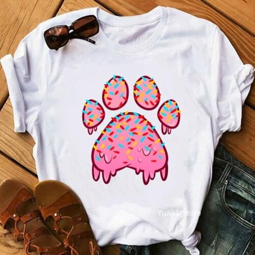 WomenS Clothing Donut Cat Paw Print Tee Shirt Femme Harajuku Kawaii Clothes Funny White T-Shirt Female Oversized Tshirt Tops