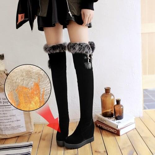 Plus Size 34-43 Women Over The Knee Boots Wedges High Heel Punk Long Boots Rabbit Fur Height Increasing Shoes Winter Snow Boots