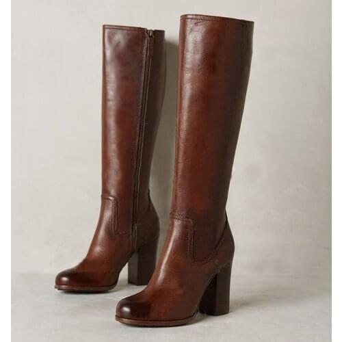 Women Leather Knee High Boots Thick Heels Western Riding Boots Side Zip Round Toe Brown Shoes Female 2021 New Autumn