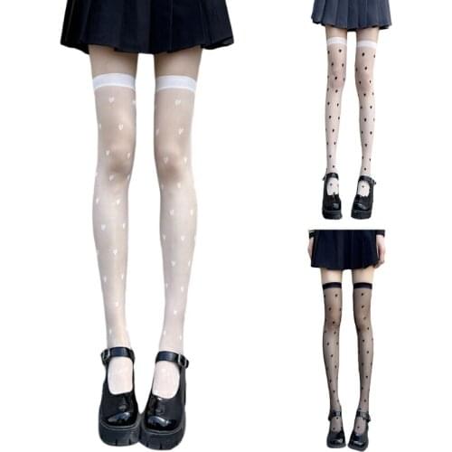 Women Sexy Thigh High Socks Harajuku College Style Sweet Heart Love Pattern Lolita Sheer Silky Over Knee Long Stockings