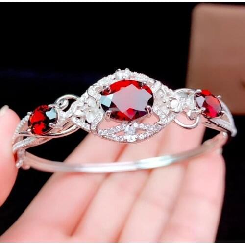 Luxury style blood red garnet gemstone bangle women jewelry silver bracelet big size natural gem certified girl birthday gift