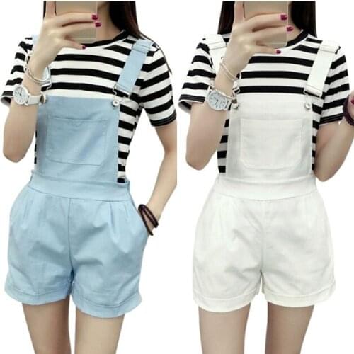 Women Elastic Waist Dungarees Linen Cotton Pockets Rompers Playsuit Strap Shorts Pants 1pcs