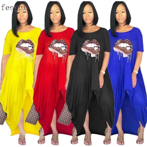 Autumn New Pop Lips Printing Irregular Dress Short Sleeve O-Neck Loose 2021 Summer Womens Clothes Urban Casual Fashion Commute