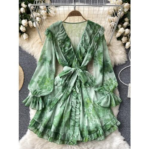 Autumn Bohemian Printed Mini Dress Women Sexy V-Neck Flare Long Sleeve High Waist Ruffle Vacation Party Beach Vestidos 2021 New