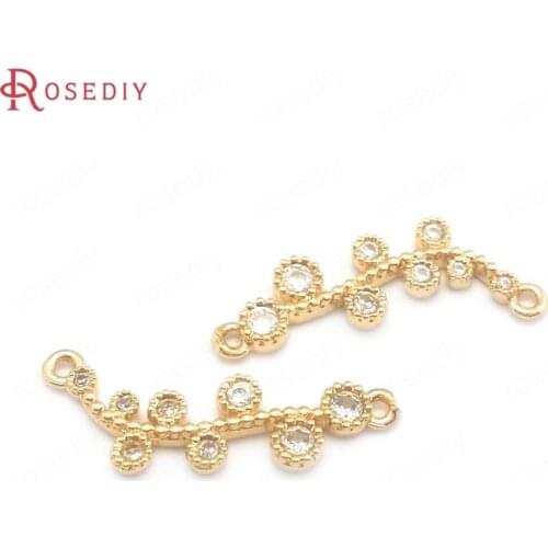 40609)10PCS 24K Champagne Gold Color Brass and Zircon 2 Holes Connect Branch Charms Pendants Jewelry Making Supplies Findings