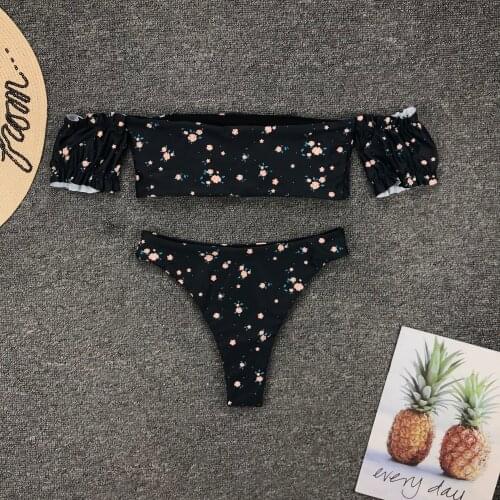Retro Floral Bikini Women Sexy Off Shoulder Bandeau High Waist Bikini Brazilian Bathers Bathing Suit Swimsuit Beachwear Biquini