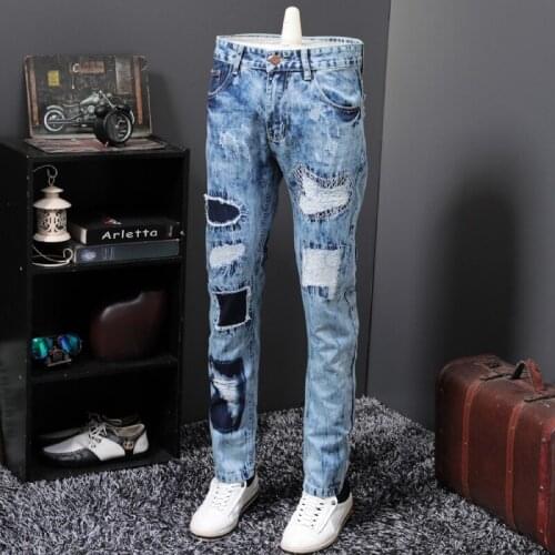 Spring Autumn Gothic Mens Patch Hole Ripped Straight Loose Denim Pants Full Length Stretchy Fashion Casual Big Size Male Pants
