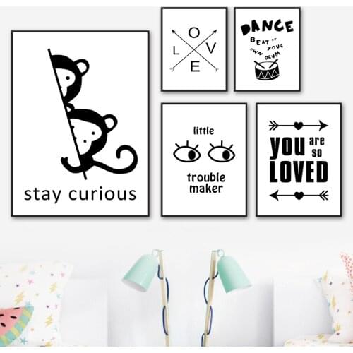 Black White Monkey Arrow Love Drum Eyes Quote Wall Art Canvas Painting Nordic Posters And Prints Wall Pictures Kids Room Decor
