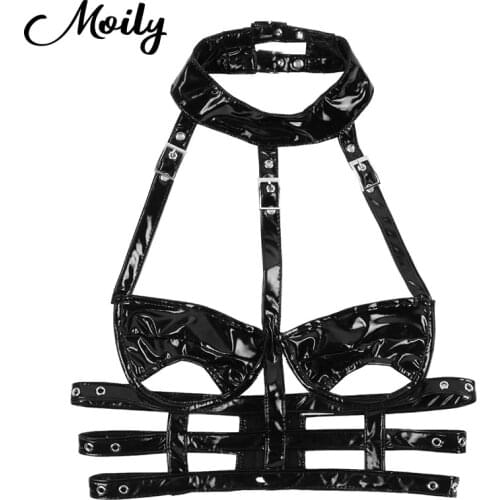Exotic Bra Top Sexy Clubwear Womens Punk Gothic Wet Look Leather Lingerie Tops Costume Halter Neck Hollow Out Backless Tank Tops