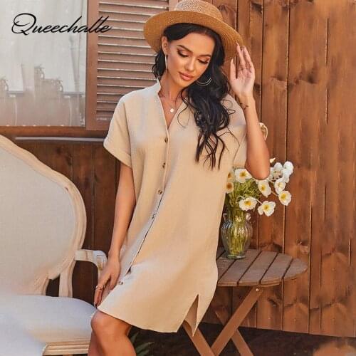 Khaki Casual Women Dress Summer Short Sleeve Elegant Single Breasted Medium Length Dresses for Women Ladies Midi Dress Vestidos